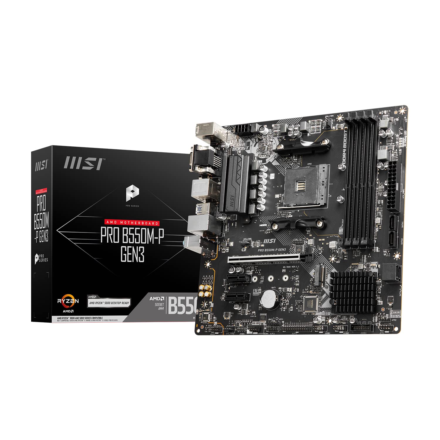 MSI PRO B550M-P GEN3 Motherboard, Micro-ATX, AM4 - AMD Ryzen 5000 Ready - DDR4 Boost 4400+MHz/OC, PCIe 3.0 x16 Slot, 1 x M.2 Gen3 Slot, 1G LAN Micro-ATX PRO B550M-P GEN3
