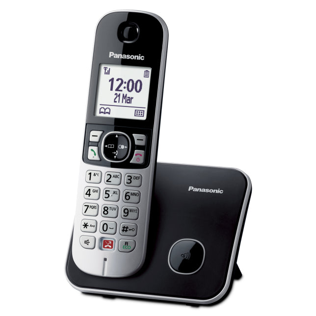 Panasonic KX-TG6851JTB Telefono Cordless Digitale, UnitÃ  Base e Ricevitore Singolo, ID Chiamante, Blocco Chiamate Indesiderate, Suoneria Categoria, Display LCD, Tastiera Illuminata, Nero