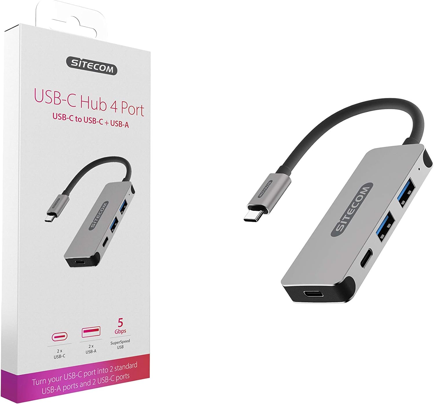 Sitecom CN-384 USB-C Hub 4 Port | USB-C Male to 2x USB 3.1 + 2x USB-C 3.1 Female Ports - Aluminum Hub
