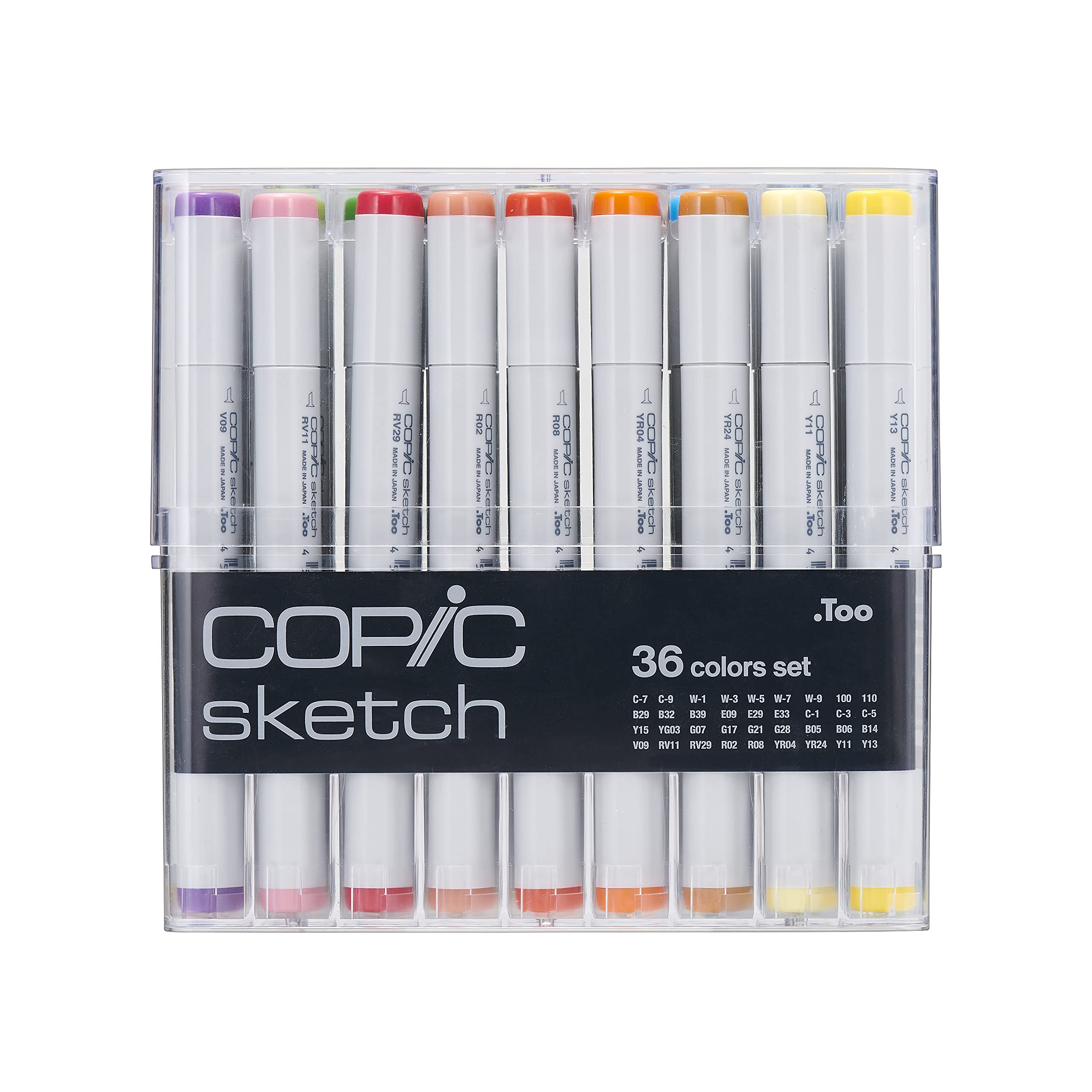 Copic Sketch, Alcohol-Based Markers, 36pc Set, Basic (New ver.) Basic: Bright, Basic Colors and a Variety of Grays: C1, C3, C5, C7, C9, W1, W3, W5, W7, W9, 100, 110, B05, B06, B14, B29, B32, B39, E09,