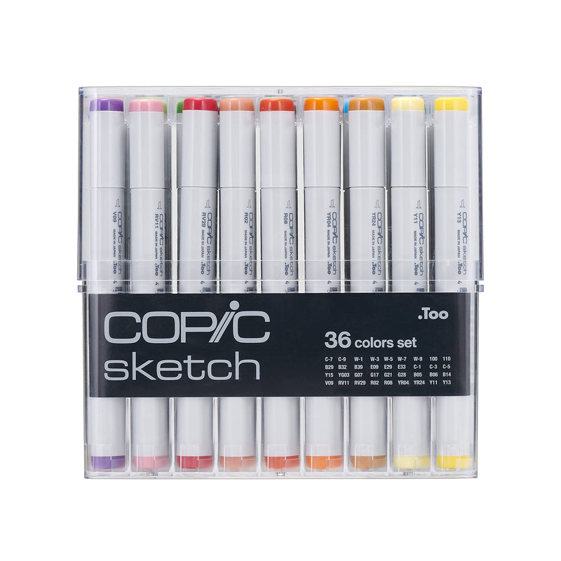 Copic Sketch, Alcohol-Based Markers, 36pc Set, Basic (New ver.) Basic: Bright, Basic Colors and a Variety of Grays: C1, C3, C5, C7, C9, W1, W3, W5, W7, W9, 100, 110, B05, B06, B14, B29, B32, B39, E09,