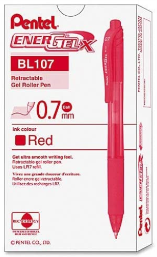 Pentel Energel-BL107-BX Tip Retractable Pen, 0.7 mm - Red (Pack of 12) Modern Red 12 Count (Pack of 1)
