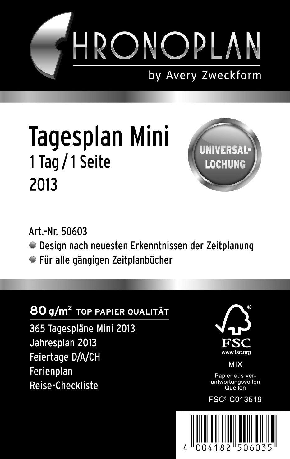 Avery Dennison Zweckform Chronoplan 50603 Mini Day Planner 2013 / 1 Day for 1 Page / White (In German) 2023 Single Mini