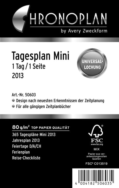 Avery Dennison Zweckform Chronoplan 50603 Mini Day Planner 2013 / 1 Day for 1 Page / White (In German) 2023 Single Mini