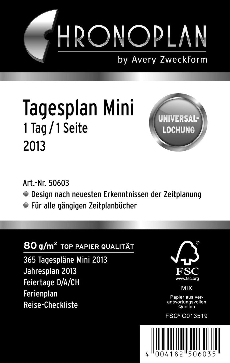 Avery Dennison Zweckform Chronoplan 50603 Mini Day Planner 2013 / 1 Day for 1 Page / White (In German) 2023 Single Mini