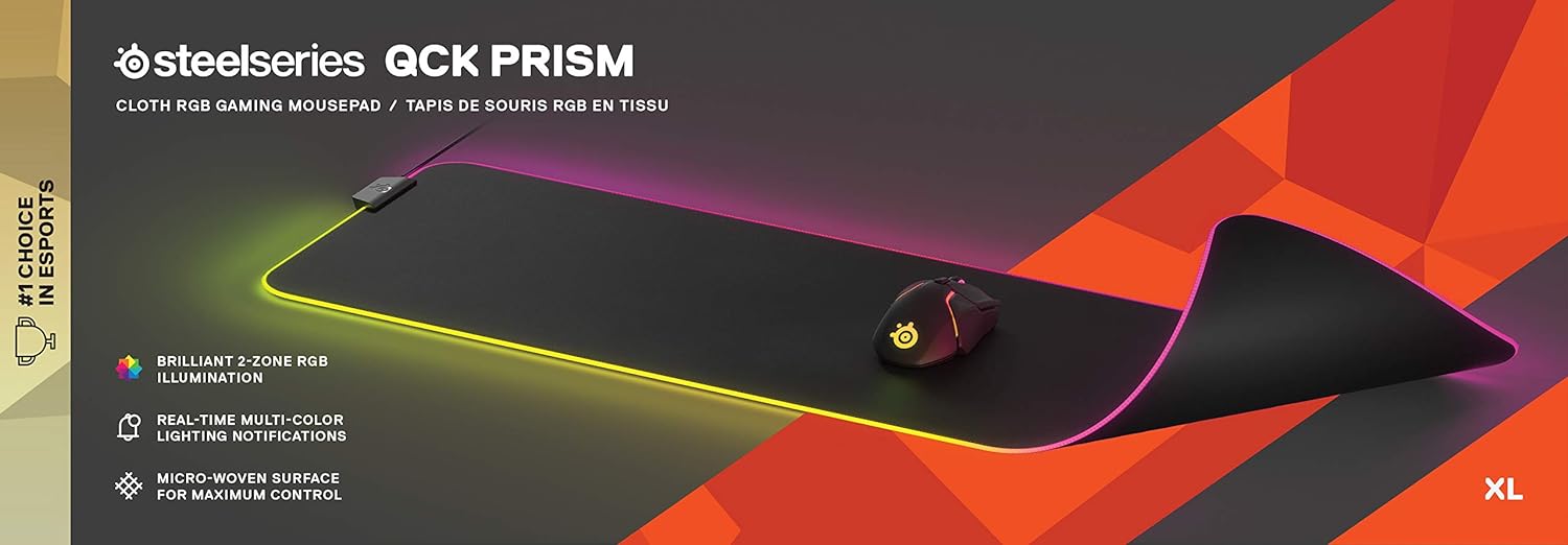 SteelSeries QcK Prism Cloth Gaming Mouse Pad - 2-zone RGB Illumination - Real-time Event Lighting - Optimized For Gaming Sensors - Size XL (900 x 300 x 2mm) - Black + RGB RGB Prism XL Black + RGB