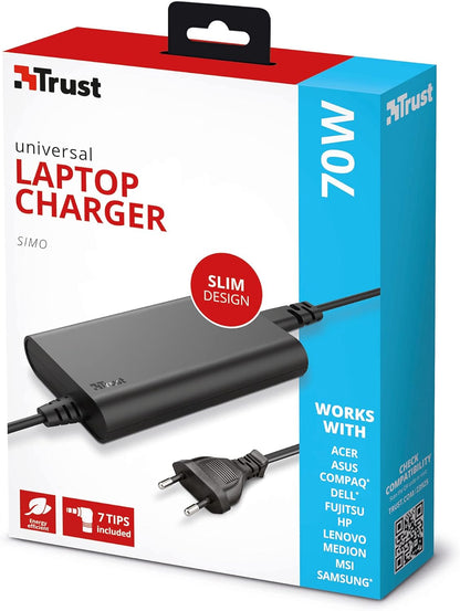 Trust Simo Extra Slim Universal Laptop Charger 70 Watt 18-20 V 100/240 V 7 Adapter Plugs - Black