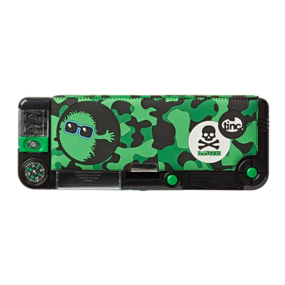 Tinc Hugga Character Pop Out Pencil Case Green | Pop Out Compartment with Push Button | Includes Pencil with Eraser Topper, Ballpoint Pen & 15cm Ruler | 3 Compartments for School