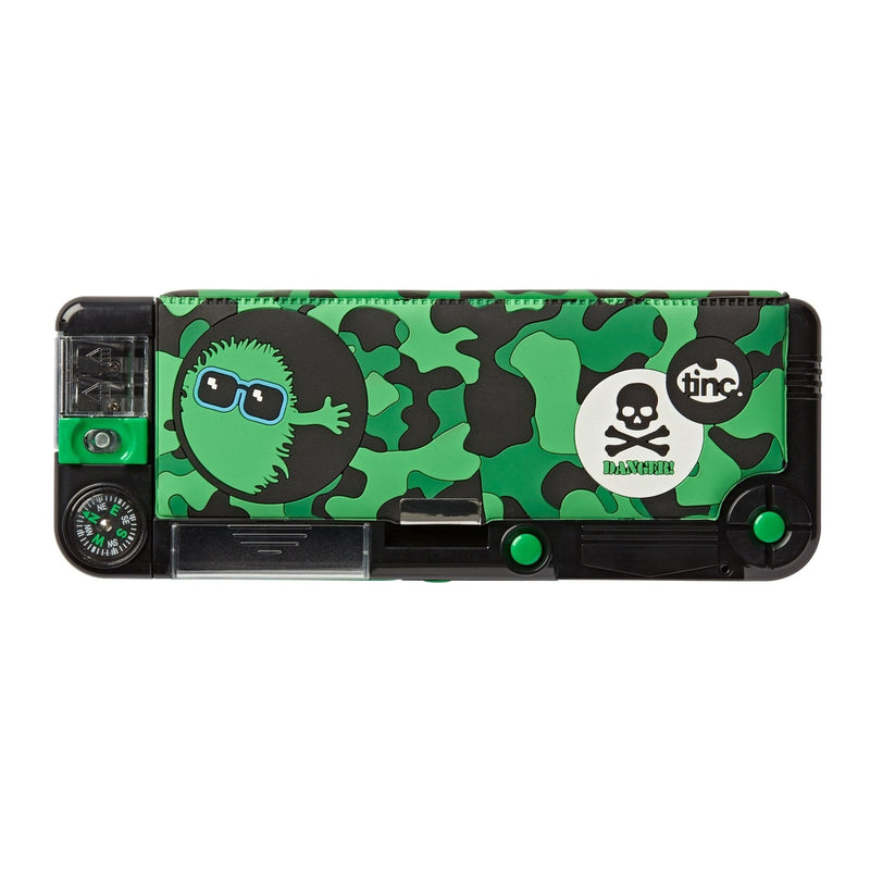 Tinc Hugga Character Pop Out Pencil Case Green | Pop Out Compartment with Push Button | Includes Pencil with Eraser Topper, Ballpoint Pen & 15cm Ruler | 3 Compartments for School