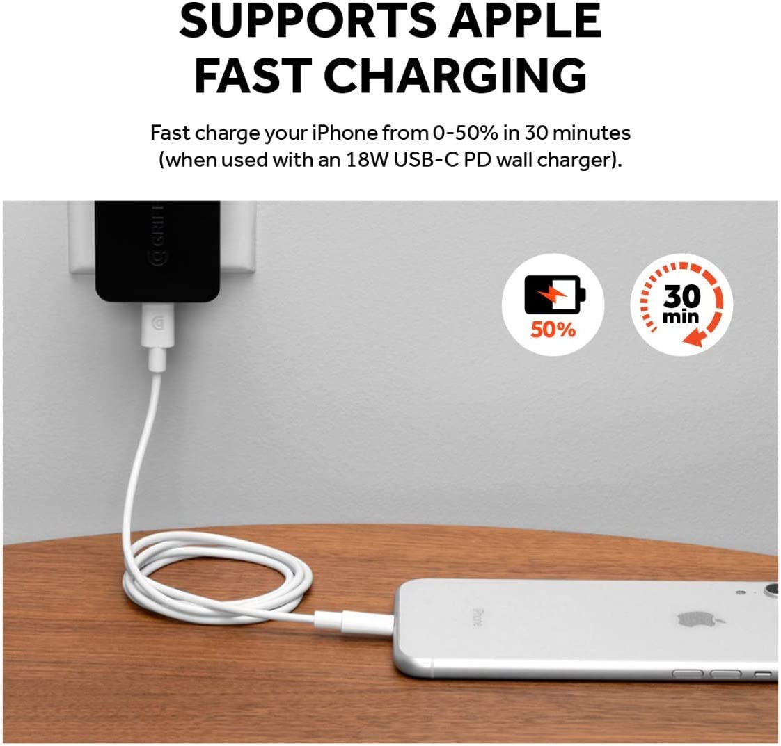 Griffin MFI Charge/Sync Cable Apple Lightning to USB-C Compatible with e.g. iPhone 11/11 Pro/SE (2020) / 12 Mini / 12/12 Pro / 12 Pro Max  White