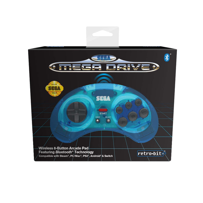 Retro-Bit Official SEGA Mega Drive Wireless Bluetooth Controller 8-Button Arcade Pad for PC, Switch, Mac, Steam, RetroPie, Raspberry Pi - Clear Blue Single