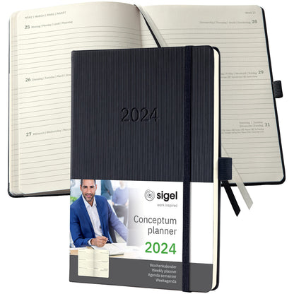 SIGEL C2412 Conceptum Weekly planner 2024, approx. A5, Black, hardcover, 2 pages equal to 1 week, 192 pages black ca. A5