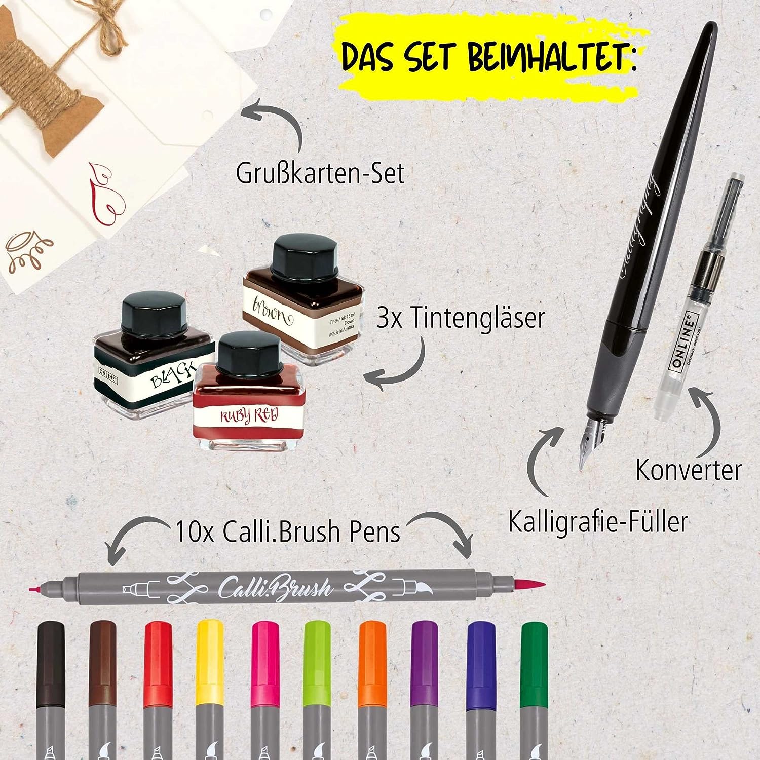 Calligraphy Master Set all-in-one: fountain pen with nib 1,4mm, 10 brush pens double tip with brush & nib, 3 ink bottles, converter, greeting set for handlettering/bulletjournaling/creative writing