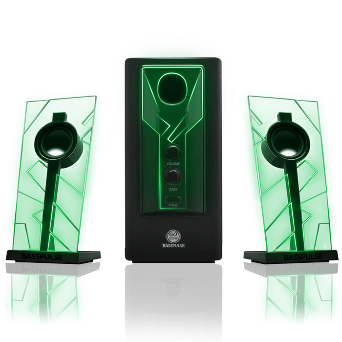 GOgroove BassPULSE 2.1 Computer Speakers with Green LED Glow Lights and Powered Subwoofer - Gaming Speaker System for Music on Desktop, Laptop, PC with 40 Watts, Heavy Bass