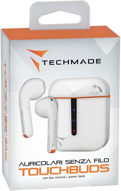 Techmade Wireless Earphones Charging Box Compatible with Voice Assistants, Integrated Microphone (White/Blue)