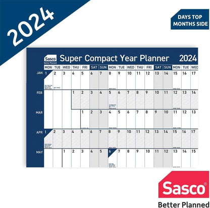 Sasco 2024 Super Compact Yearly Wall Planner, Paper Mini Whiteboard Poster Style Dry Erase Calendar, Small Wall Planner with Dry Erase Pen & Stickers, Wall Chart & Office Notice Board, Blue, 400x285mm Super compact size Blue Poster Style