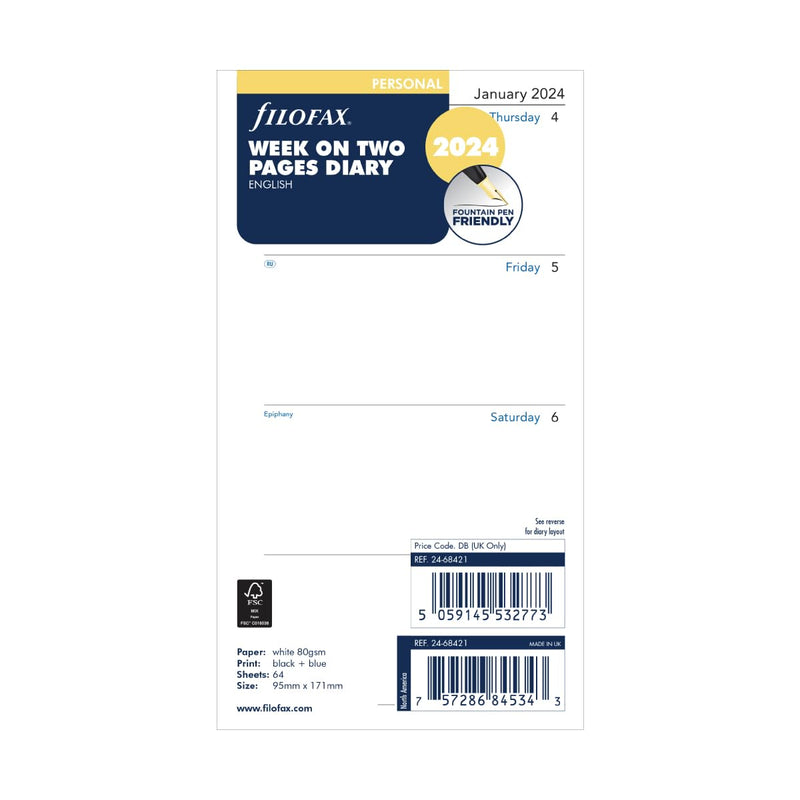 Filofax Personal Week on two pages English 2024 diary,White