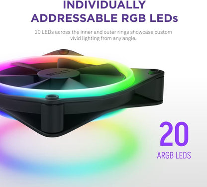 NZXT F120 RGB Duo Triple Pack - 3 x 120mm Dual-Sided RGB Fans with RGB Controller – 20 Individually Addressable LEDs – Balanced Airflow and Static Pressure – Fluid Dynamic Bearing – PWM – Black Black 120MM 3 pack