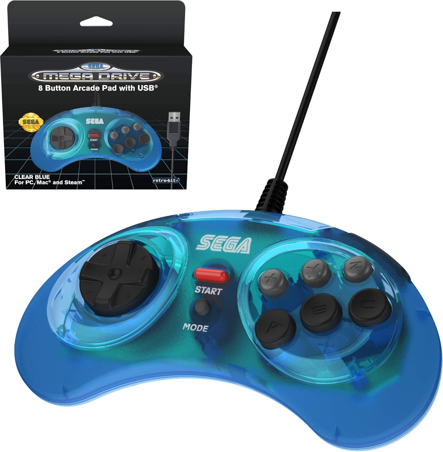 Retro-Bit Official SEGA Mega Drive USB Controller 8-Button Arcade Pad for PC, Mac, Steam, RetroPie, Raspberry Pi - USB Port - Clear Blue Single