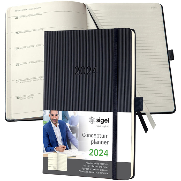 SIGEL C2414 Conceptum Weekly planner and notes 2024, approx. A5, Black, hardcover, 2 pages equal to week on left/notes on right, 192 pages