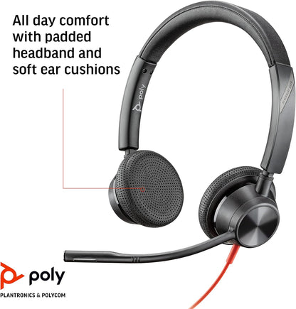 Plantronics – Blackwire 3325 USB-C (Poly) – Wired, Dual-Ear (Stereo) Headset with Boom Mic - Connect to PC/Mac via USB-C or mobile/tablet via 3.5 mm connector – Works w/ Teams (Certified), Zoom & more USB-C & AUX, Teams certified Single Stereo