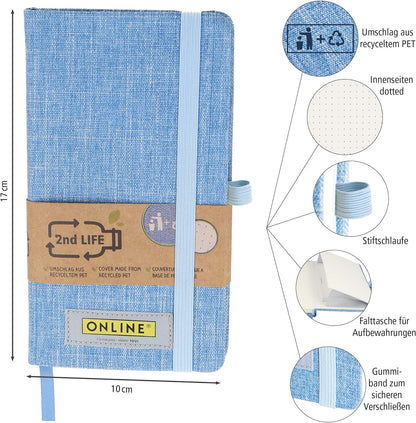 ONLINE 04072/6 Notebook DIN A6 2nd Life, Envelope Made from Recycled PET for a Clean Environment, FSC Paper 80 g/m² Dots, 96 Sheets Notebook A6
