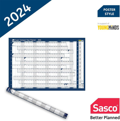 Sasco 2024 Super Compact Yearly Wall Planner, Paper Mini Whiteboard Poster Style Dry Erase Calendar, Small Wall Planner with Dry Erase Pen & Stickers, Wall Chart & Office Notice Board, Blue, 400x285mm Super compact size Blue Poster Style