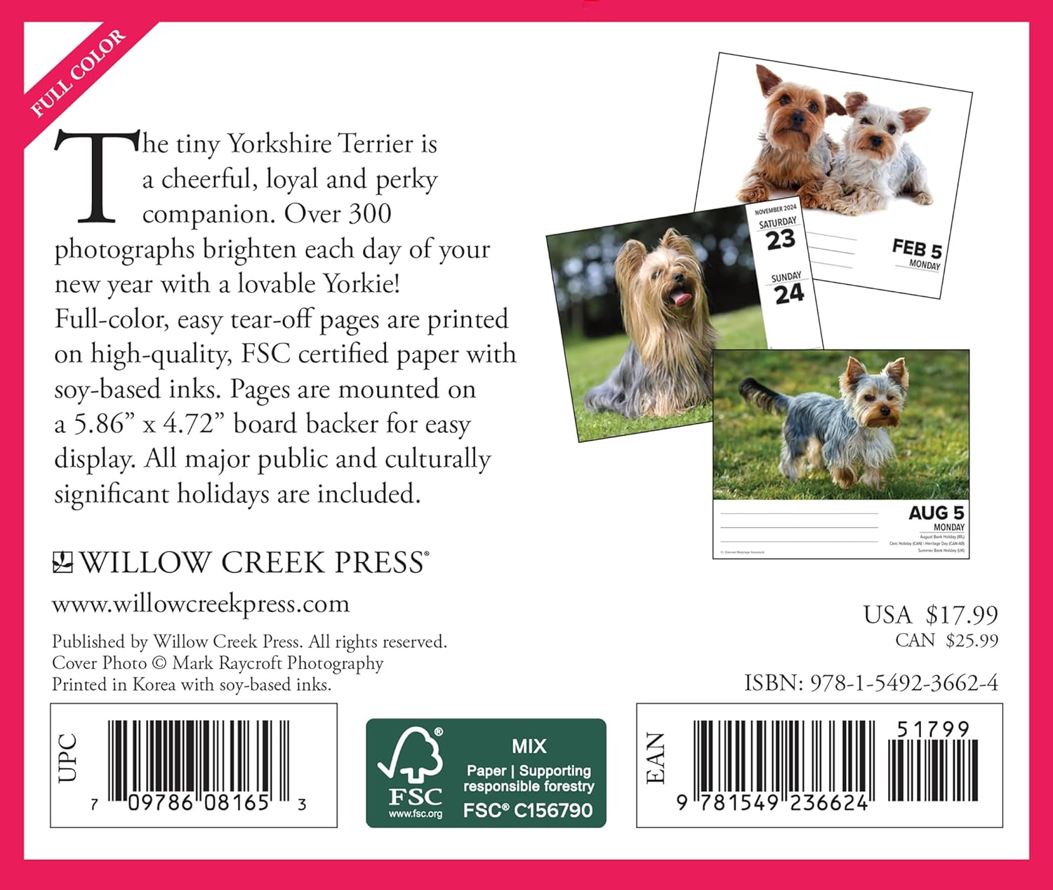Yorkies 2024 6.2 X 5.4 Box Calendar