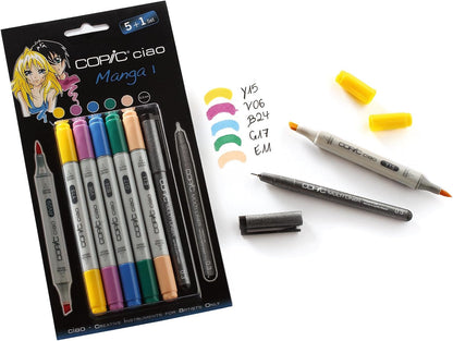 Copic Ciao 5+1 Manga Marker Set - 1 (Pack of 5 + Multiliner Pen) Copic Ciao Set includes Manga 1 Marker (Pack of 5)/ Multiliner Pen