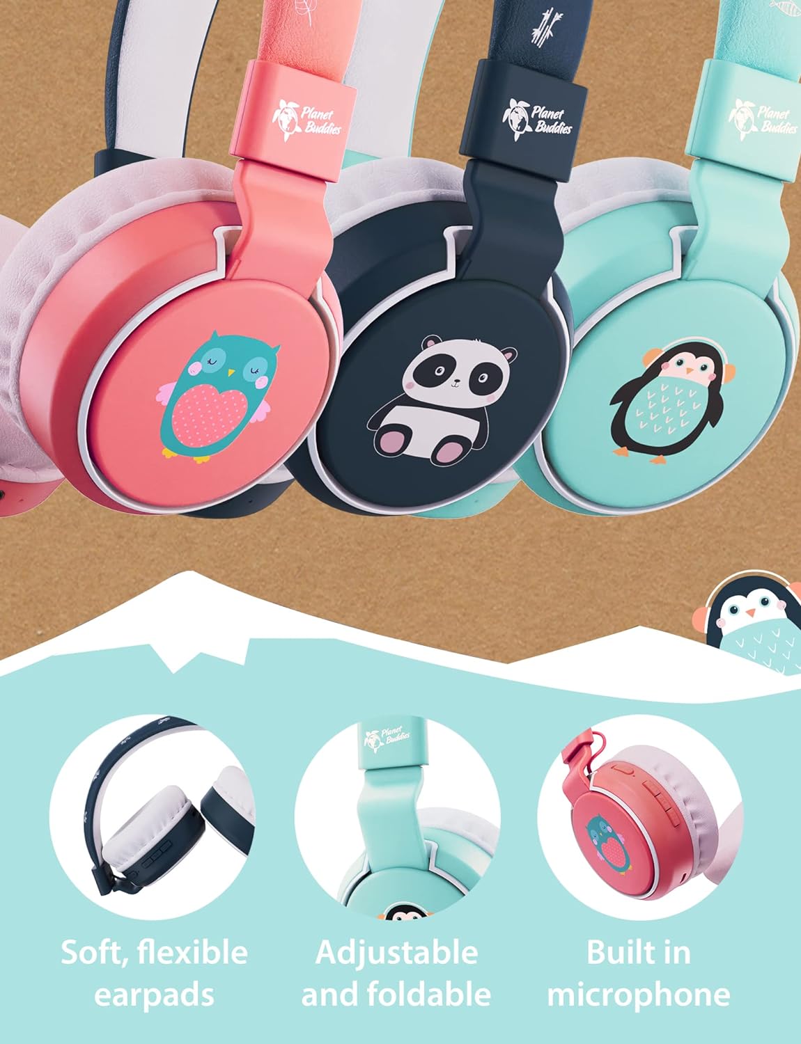 Planet Buddies Kids Headphones, Foldable Wireless On Ear Bluetooth Headphones for Kids with Microphone, 85dB Volume Limiter, Cute Penguin Kids Earphones for Tablets and Phones, Travel, School & Music