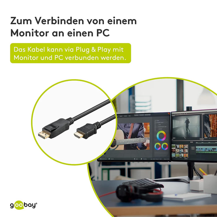 Goobay 51957 DisplayPort to HDMI Adapter Cable 1.2, Gold-plated, 2 m Cable Length 2 Meters