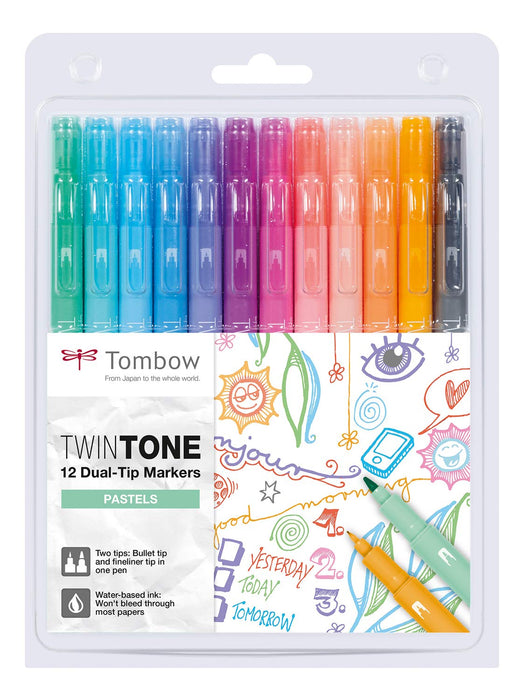 Tombow - Tombow TwinTone Dual Tip Marker 0.8mm and 0.3mm Line Pastel Assorted Colours (Pack 12) - WS-PK-12P-2