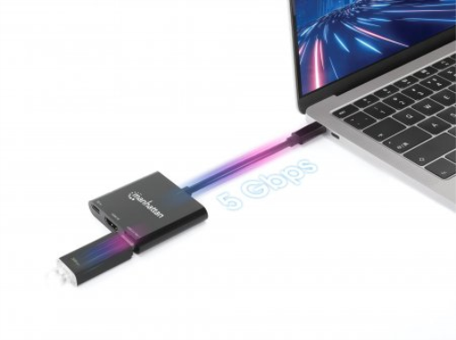 Manhattan USB-C Dock/Hub, Ports (x3): HDMI, USB-A and USB-C, With Power Delivery (100W) to USB-C Port (Note additional USB-C wall charger and USB-C cable needed), Cable 10cm, Black, Three Year Warranty, Retail Box