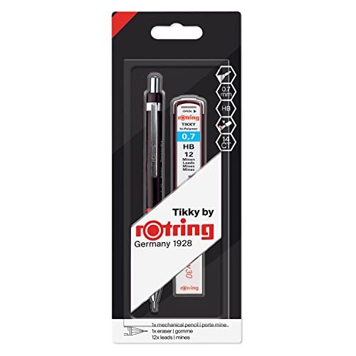 rOtring Tikky Mechanical Pencil Set, HB 0.7 mm, Black Barrel, Includes 12 Leads and Eraser hb 0.7 pack of 1 + leads + erasor Black