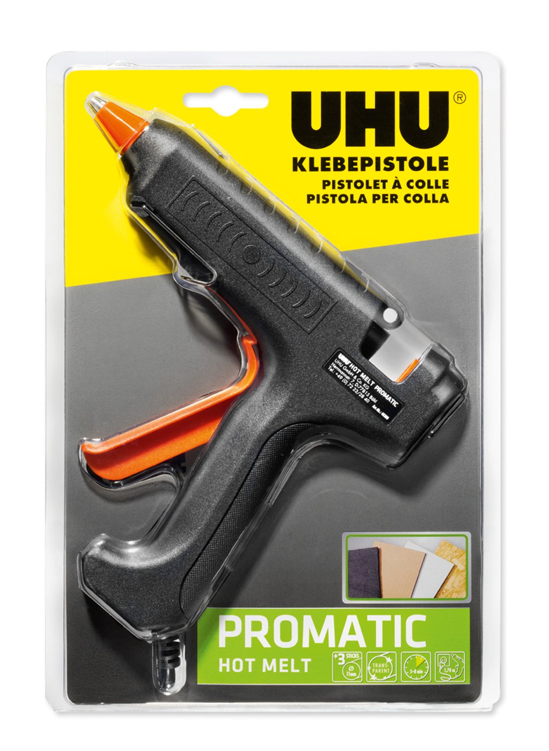 UHU 48380 Promatic Hot Melt Hot Glue Gun with High Adhesive Performance for Crafts and Repair Work, incl. 3 Cartridges Glue Gun Promatic