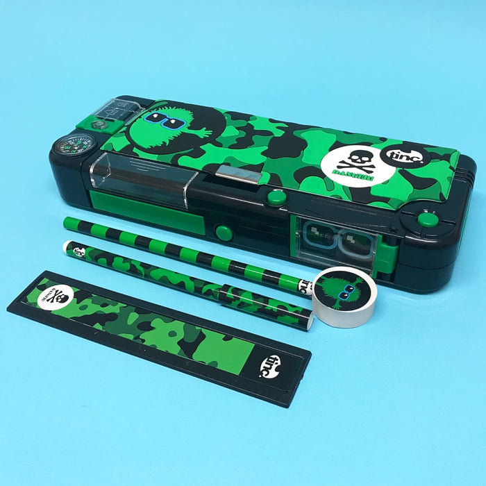 Tinc Hugga Character Pop Out Pencil Case Green | Pop Out Compartment with Push Button | Includes Pencil with Eraser Topper, Ballpoint Pen & 15cm Ruler | 3 Compartments for School
