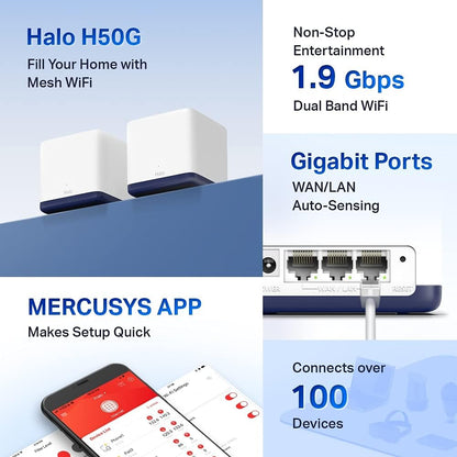 Mercusys AC1900 Whole Home Mesh Wi-Fi System, Coverage up to 4,000 ft² (350 m²) Connect over 100 Devices, Full Gigabit Ports, Dual Band Wi-Fi, Easy App Control, Halo H50G(2-pack) AC1900 Mesh(2-pack)|Plus