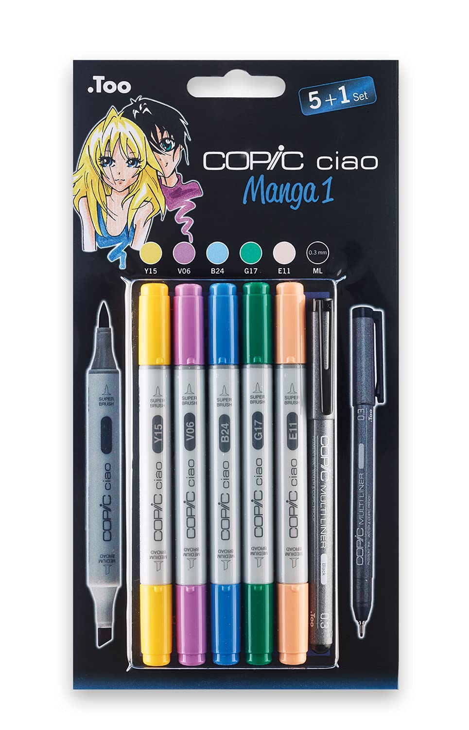 Copic Ciao 5+1 Manga Marker Set - 1 (Pack of 5 + Multiliner Pen) Copic Ciao Set includes Manga 1 Marker (Pack of 5)/ Multiliner Pen