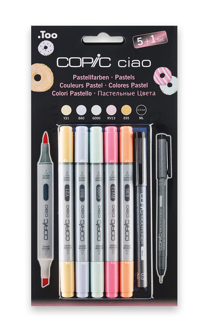 Copic Ciao 5+1 Marker Set - Pastels (Pack of 5 + Multiliner Pen) Copic Ciao Set includes Marker - Pastels (Pack of 5)/ Multiliner Pen