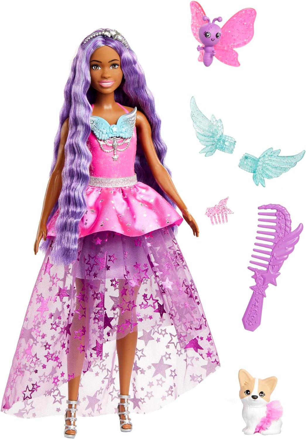 Barbie Doll with Two Fairytale Pets and Wing-Detailed Dress, Barbie “Brooklyn” Doll From Barbie A Touch of Magic, 7-inch Long Fantasy Hair, HLC33