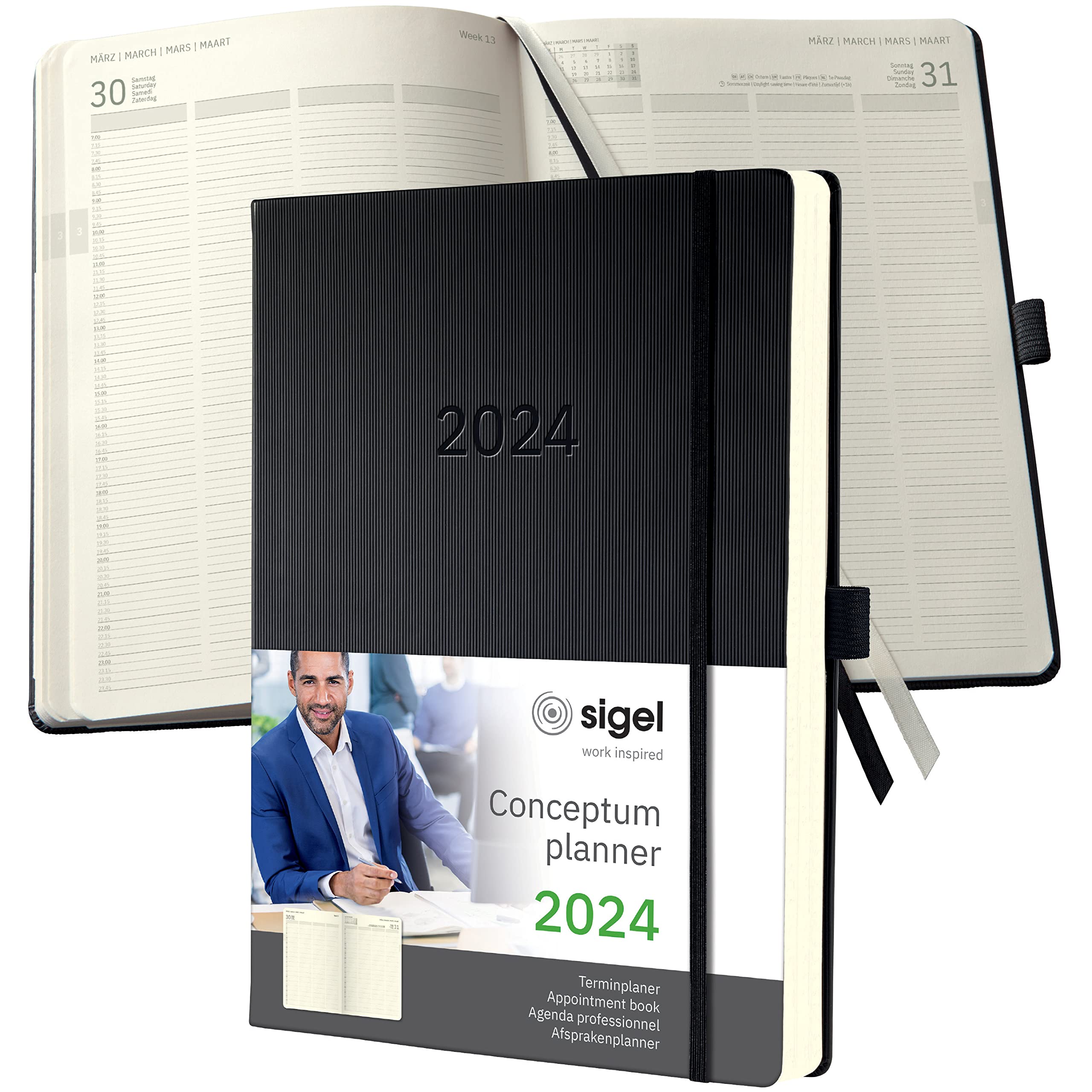 SIGEL C2404 Conceptum Appointment book 2024, A4+, black, hardcover, 1 page = 1 day, 480 pages Modern