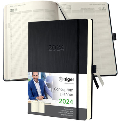 SIGEL C2404 Conceptum Appointment book 2024, A4+, black, hardcover, 1 page = 1 day, 480 pages Modern