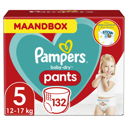 Pampers Maat 5 Luierbroekjes (6-10 kg) Baby-Dry, 132 Stuks, MAANDBOX, Tot 12 uur Bescherming rondom tegen Lekken