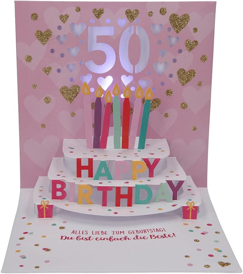Depesche 0011694-007 Pop-Up Greetings Card for 50th Birthday Folding Card with Music Light Elements and an Original Saying Birthday Card with Envelope 15.5 x 15.5 cm
