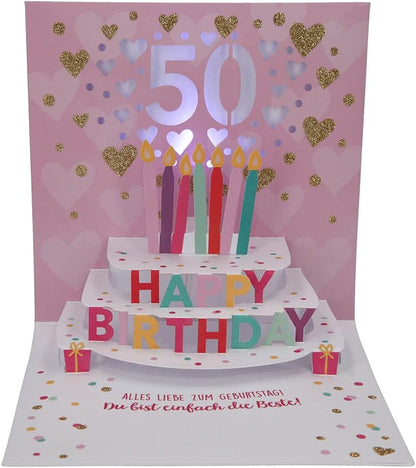 Depesche 0011694-007 Pop-Up Greetings Card for 50th Birthday Folding Card with Music Light Elements and an Original Saying Birthday Card with Envelope 15.5 x 15.5 cm