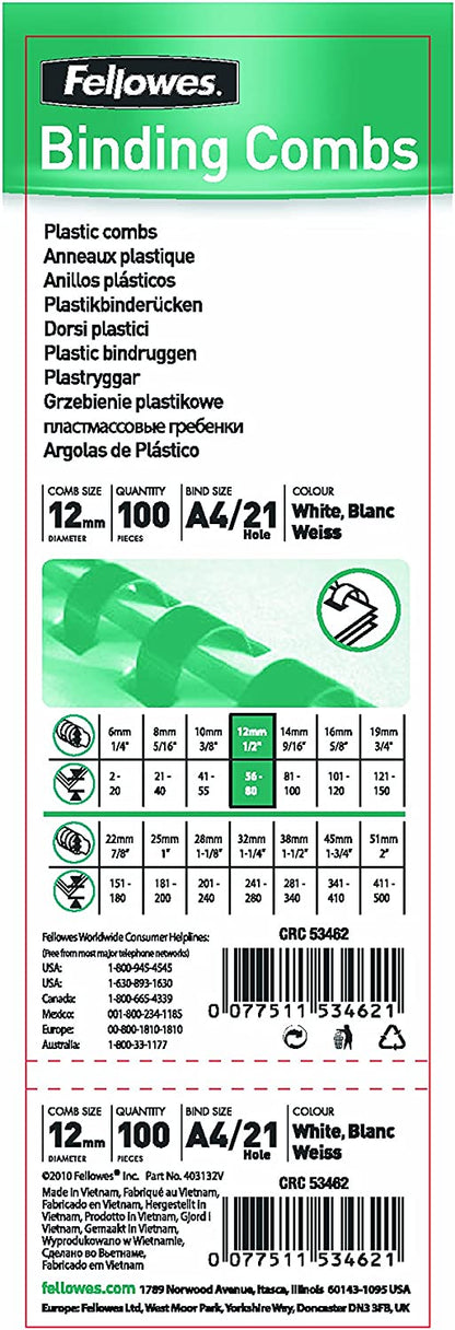 Fellowes 12 mm A4 Plastic Binding Combs - Red, Pack of 100 Red 12 mm