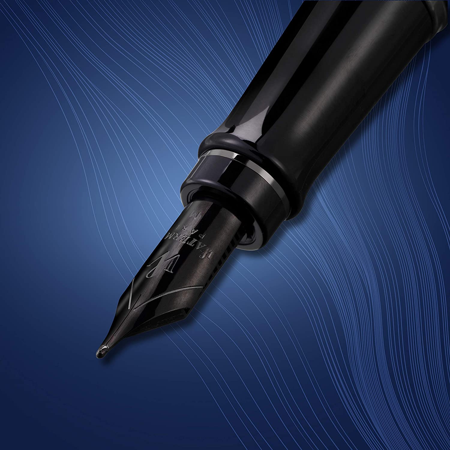 Waterman Expert Fountain Pen | Metallic Black Lacquer with Ruthenium Trim | Medium PVD Coated Stainless Steel Nib | Blue Ink | With Gift Box Medium Nib Black