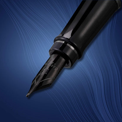 Waterman Expert Fountain Pen | Metallic Black Lacquer with Ruthenium Trim | Medium PVD Coated Stainless Steel Nib | Blue Ink | With Gift Box Medium Nib Black