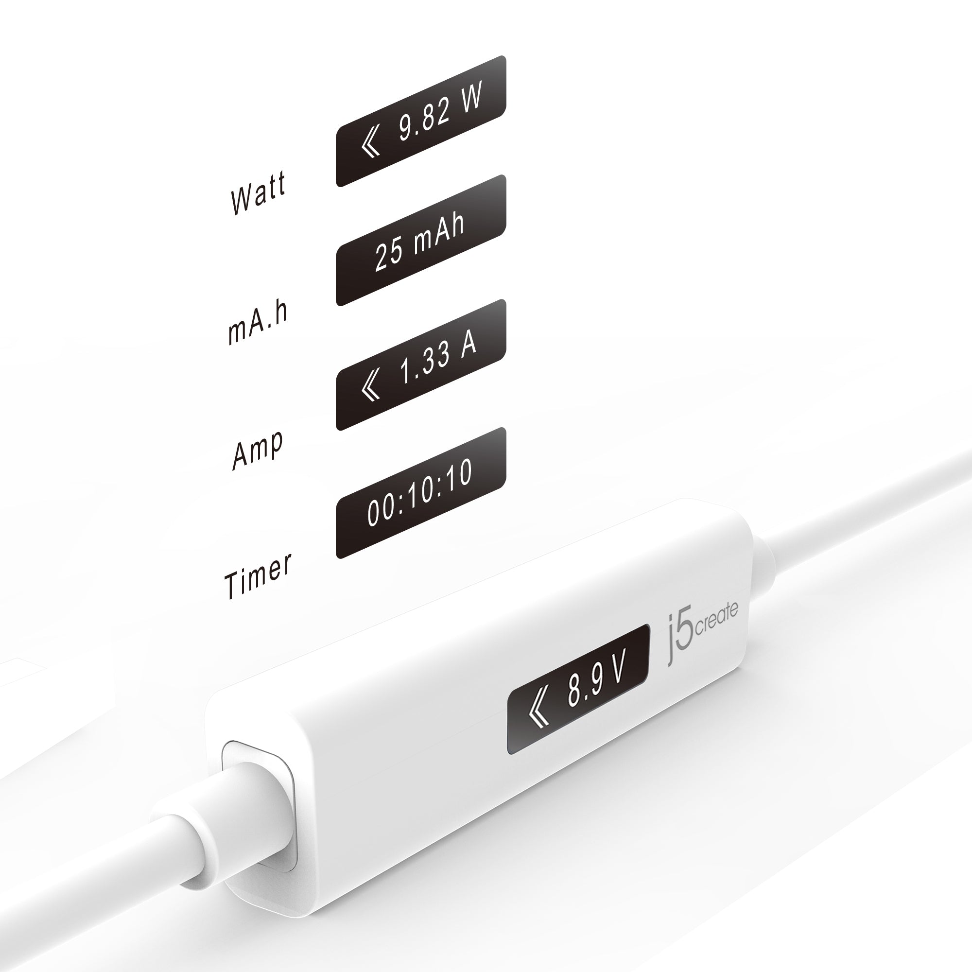 j5create JUCP14 USB-C™ 2.0 to USB-C™ Cable With OLED Dynamic Power Meter, White, 1.2 m