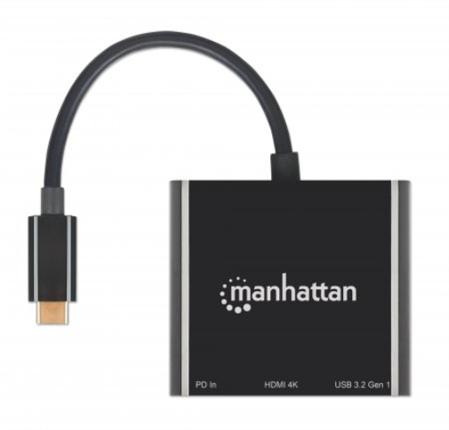 Manhattan USB-C Dock/Hub, Ports (x3): HDMI, USB-A and USB-C, With Power Delivery (100W) to USB-C Port (Note additional USB-C wall charger and USB-C cable needed), Cable 10cm, Black, Three Year Warranty, Retail Box